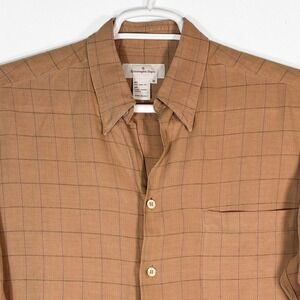 Ermenegildo Zegna Tan Check Linen Blend Twill Button Down Mens M Made in Italy